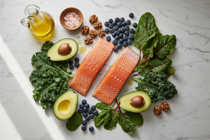 Gezonde voeding voor een stralende huid — avocado, bessen en groene thee