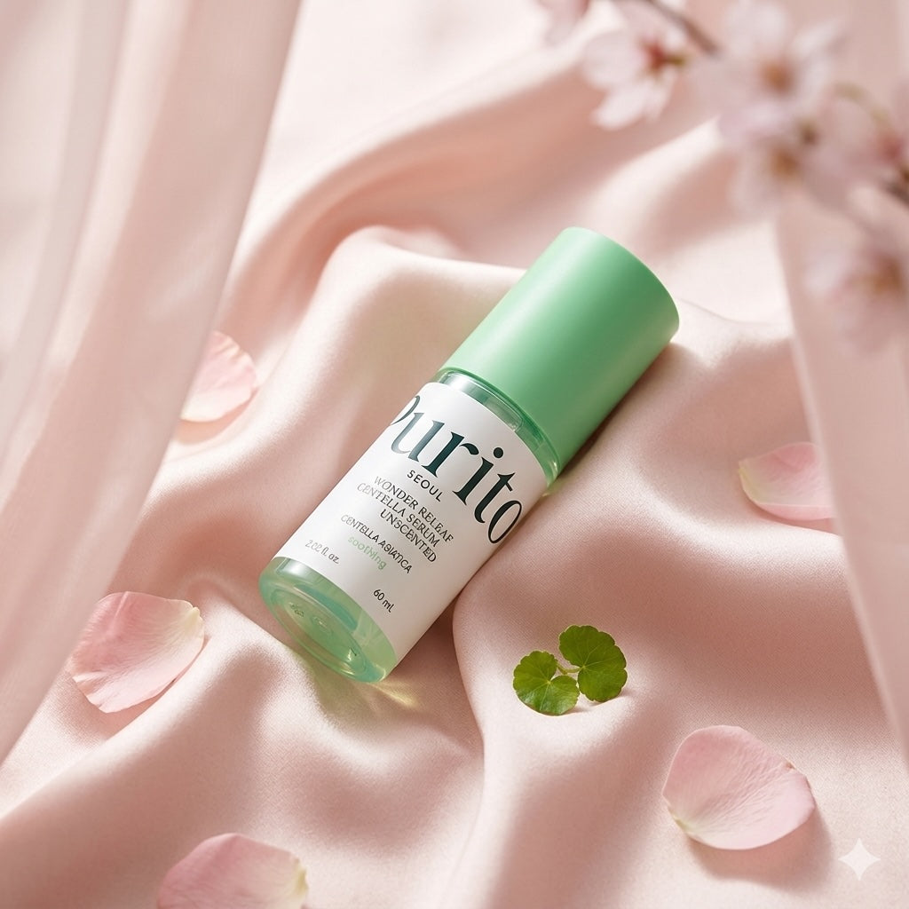 Purito Seoul Wonder Releaf Centella Serum Unscented op een roze achtergrond