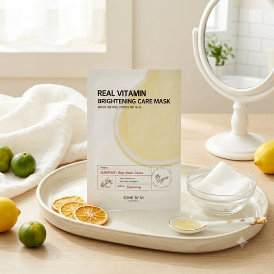 Some By Mi Real Vitamin Brightening Care Mask op een beige ondergrond