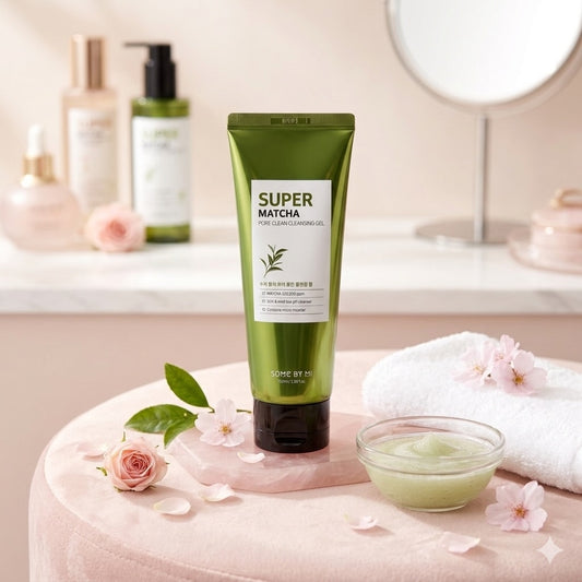 Some By Mi Super Matcha Pore Clean Cleansing Gel op een beige ondergrond