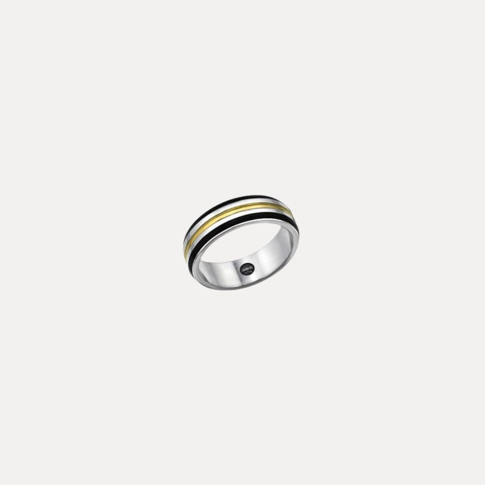 Stalen heren ring met zwart-goude lijnen