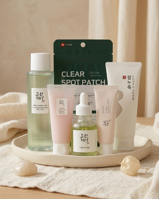 Korean Skin World Anti-Acne Bundel met skincare producten op een beige ondergrond