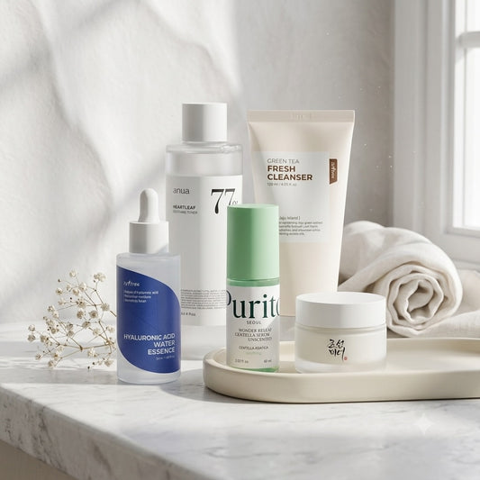 Korean Skin World Anti-Roodheid Bundel met skincare producten op een lichte ondergrond