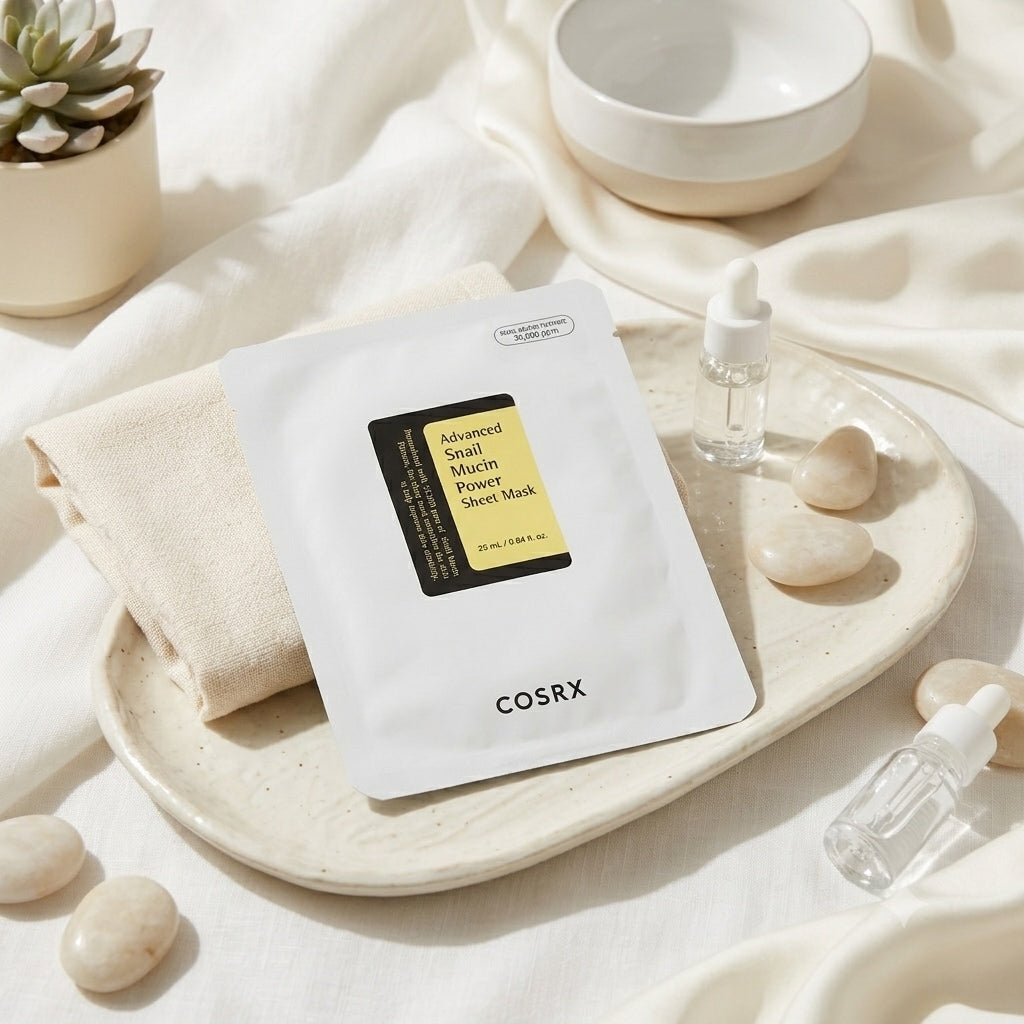 COSRX Advanced Snail Mucin Power Essence Sheet Mask op een lichte ondergrond