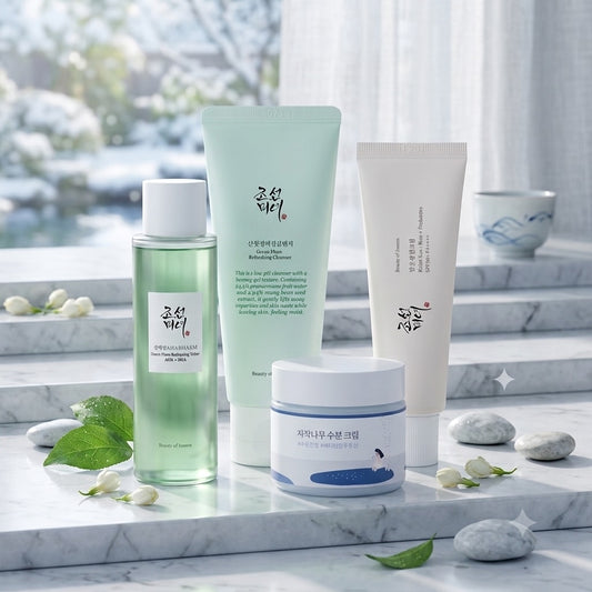 Glow Up Basic Bundel met skincare producten op een frisse blauwe achtergrond