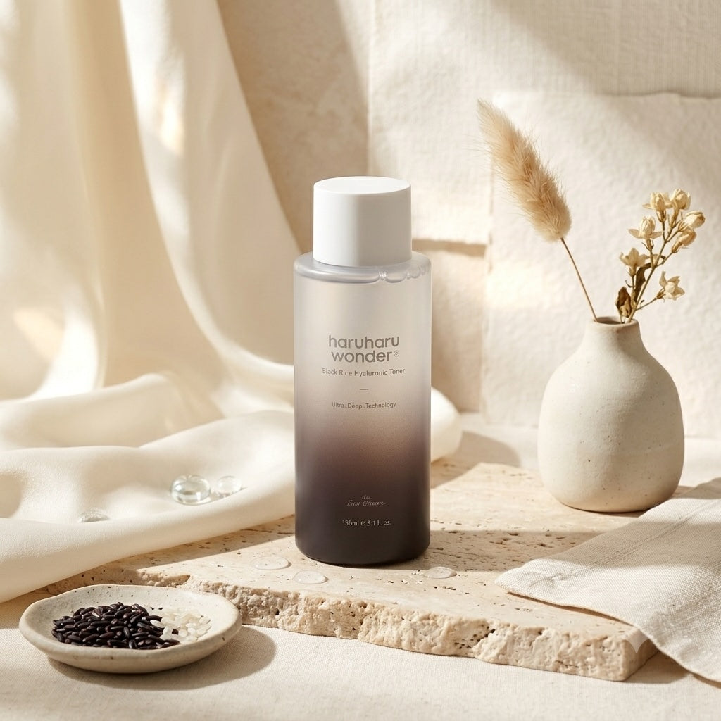 Haruharu Wonder Black Rice Hyaluronic Toner op een lichte ondergrond