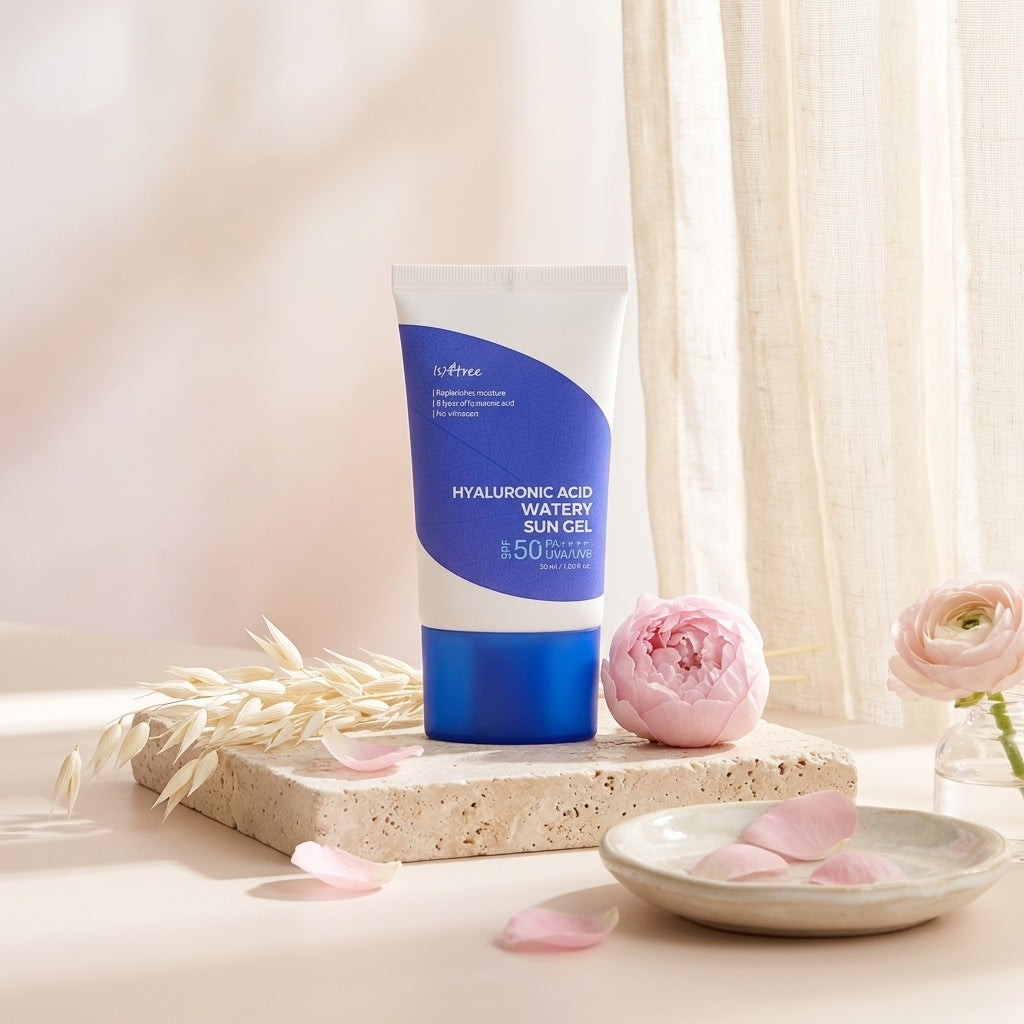 Isntree Hyaluronic Acid Water Essence in een minimalistische skincare setting