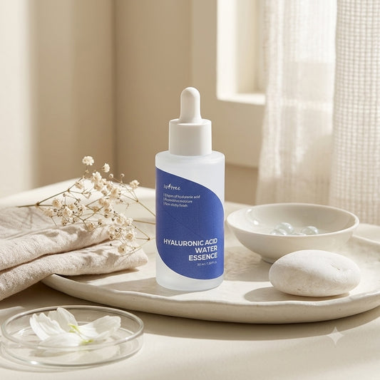 Isntree Hyaluronic Acid Water Essence op een lichte achtergrond met decoratie