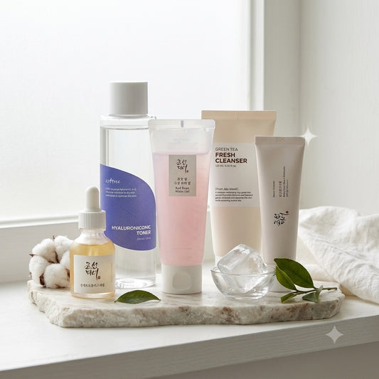 K-Beauty Starter Bundel met skincare producten op een beige ondergrond