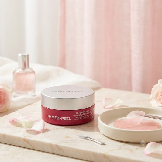 Medi-Peel Hyaluron Rose Peptide Eye Patch op een roze ondergrond