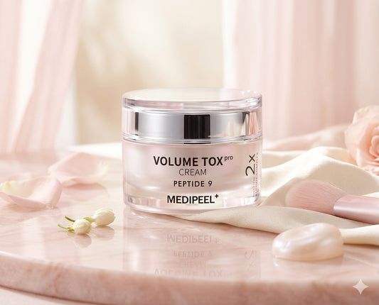 Medi-Peel Peptide 9 Anti-Aging Cream op een roze ondergrond