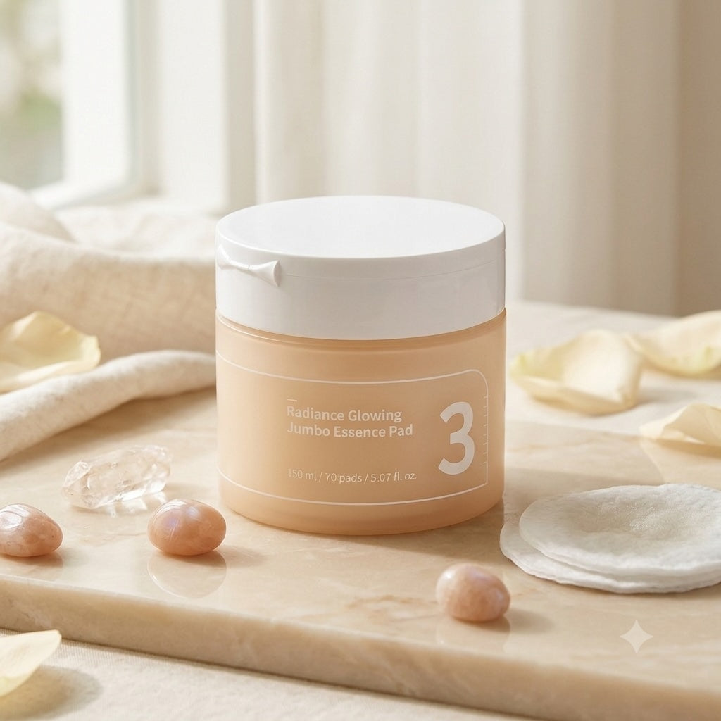 Numbuzin No.3 Radiance Glowing Jumbo Essence Pad op een beige ondergrond
