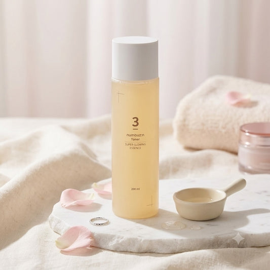 Numbuzin No.3 Super Glowing Essence Toner op een beige ondergrond