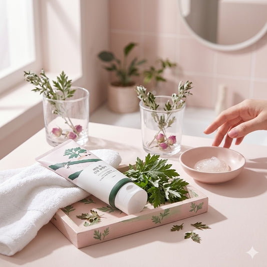 Round Lab Mugwort Calming Cleanser op een beige ondergrond