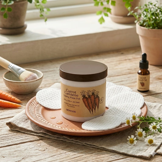 SKINFOOD Carrot Carotene Calming Water Pad naast een kop thee