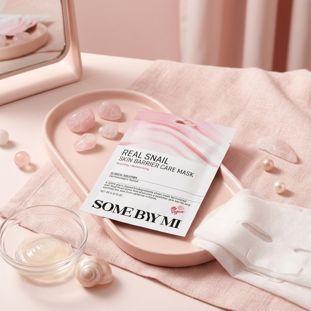 Some By Mi Real Snail Skin Barrier Care Mask op een roze ondergrond